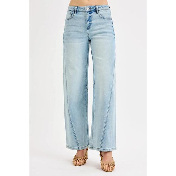 RISEN Mid Rise Waist Zipper Fly Stretch Light Blue Wash Barrel Leg Denim Jeans - Picture 3 of 7